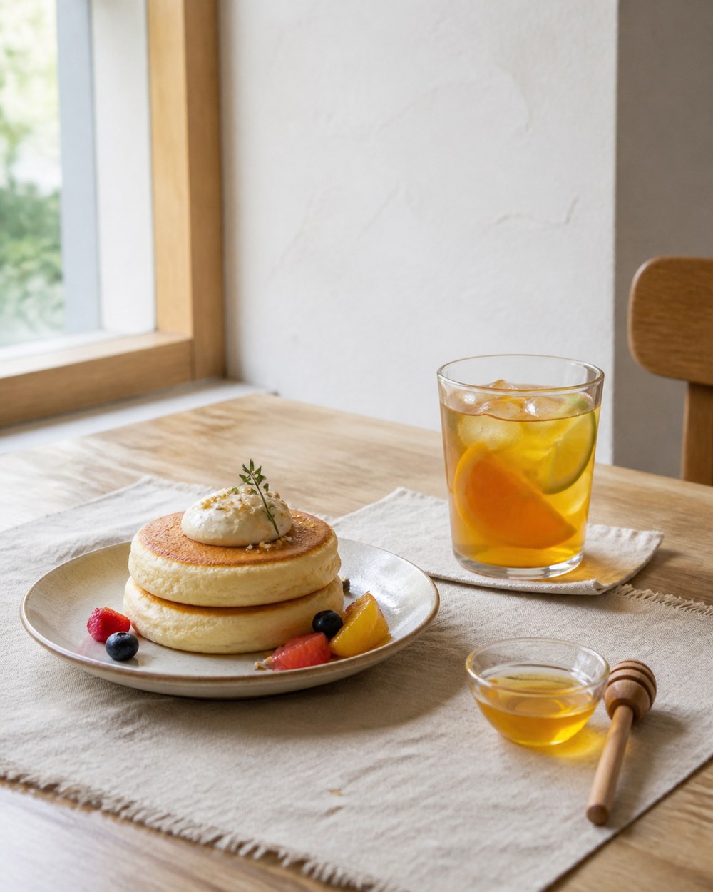 パンケーキとシトラスドリンクに蜂蜜を添えたカフェメニューの提供イメージ