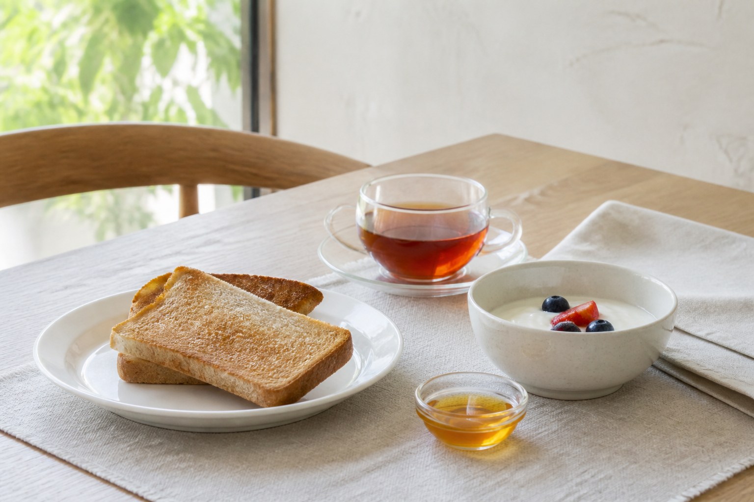 トーストとヨーグルトに蜂蜜を添えた飲食店の朝食提供イメージ