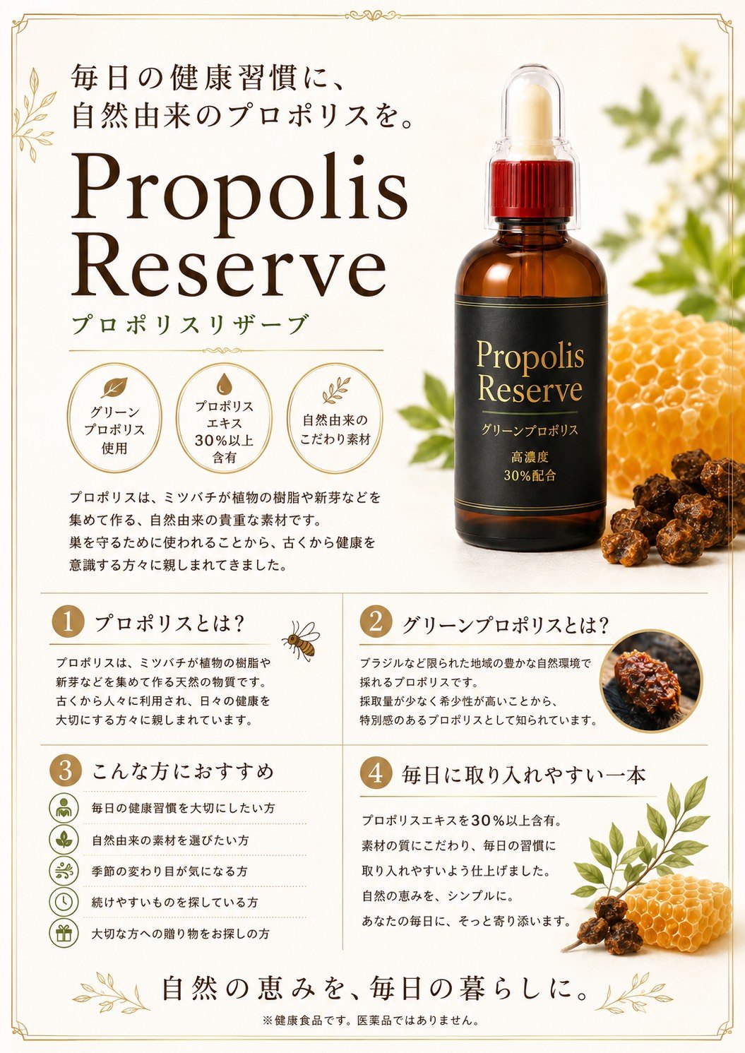 Propolis Reserveの商品案内とスポイト瓶